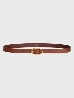 TWP Brown Leather Belt with Gold Oval Buckle